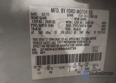 2011 Ford Edge Sel z USA, uszkodzony, nr VIN 2FMDK4JC8BBA92726